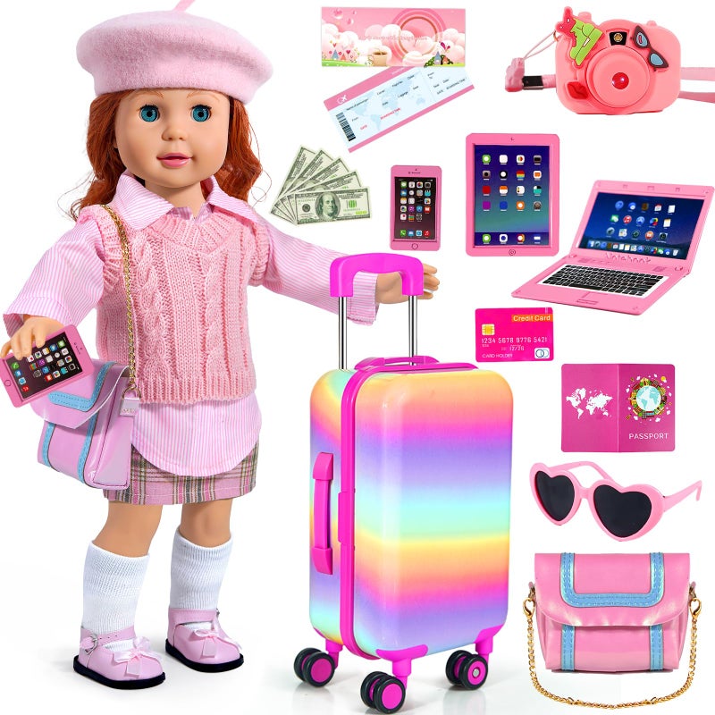 WONDOLL 18-inch-Doll-Clothes and Accessories - Doll-Travel-Suitcase Luggage  Doll-Clothes and Shoes  Bag  Sunglasses  Camera  Passport  Notebook  Phone  pad Doll Travel Gear Play Set Fit 18 inch Doll - Image 1